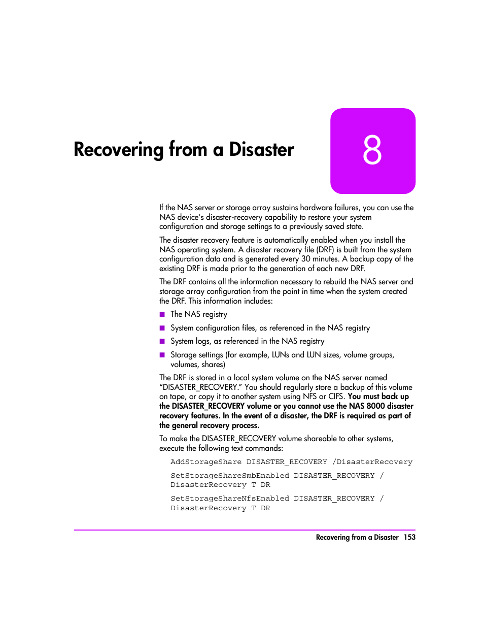 Recovering from a disaster, Recovering from a disaster 153, R 8, recovering from a | Disaster, Ter 8, recovering from a disaster) | HP StorageWorks 8000 NAS User Manual | Page 155 / 240