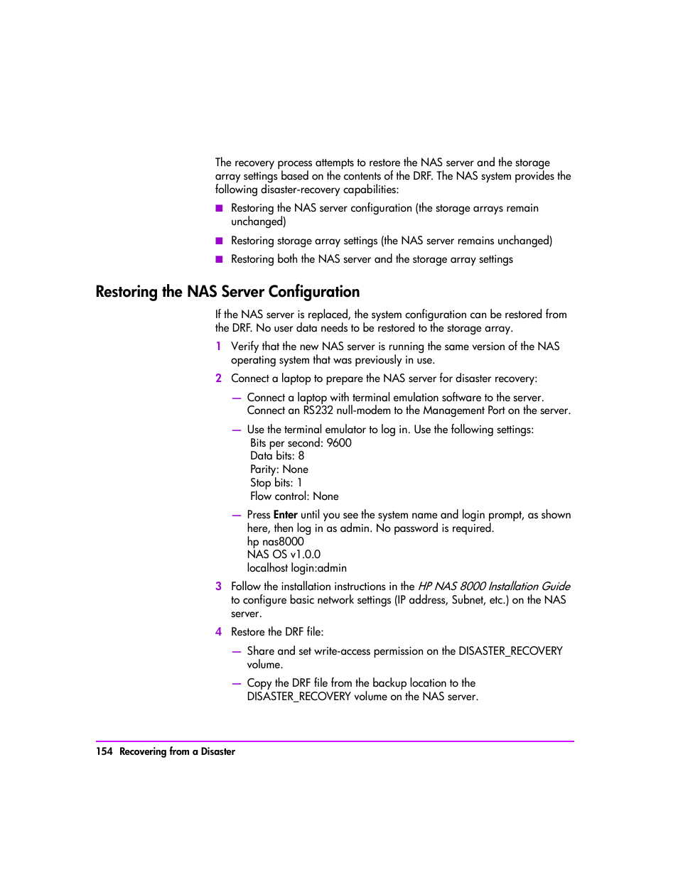 Restoring the nas server configuration, Restoring the nas server configuration 154 | HP StorageWorks 8000 NAS User Manual | Page 156 / 240