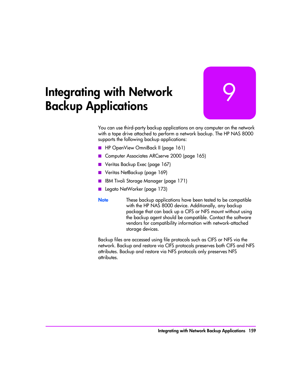 Integrating with network backup applications, Integrating with network backup, Applications 159 | Integrating with, Network backup applications, 9, integrating, With network backup applications) | HP StorageWorks 8000 NAS User Manual | Page 161 / 240