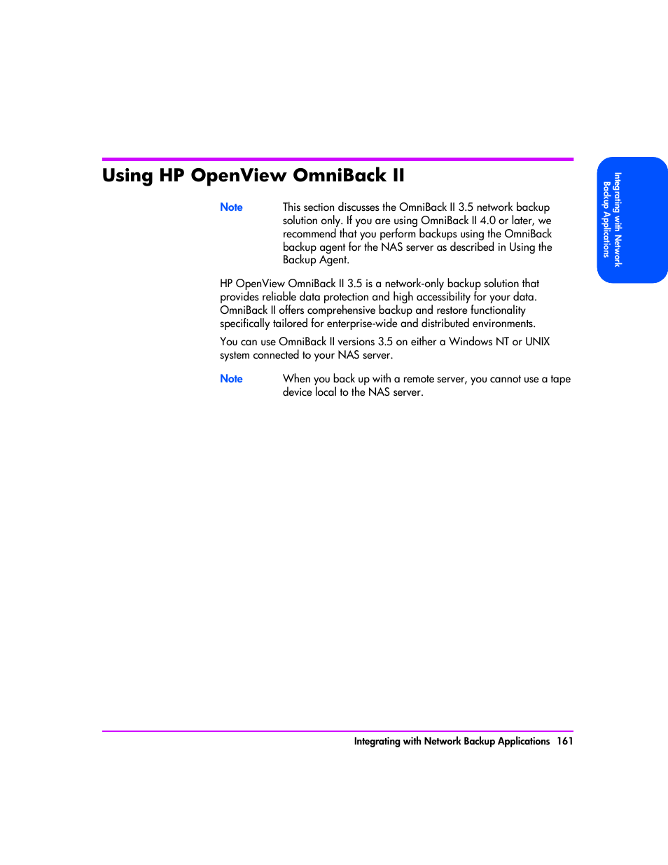 Using hp openview omniback ii, Using hp openview omniback ii 161 | HP StorageWorks 8000 NAS User Manual | Page 163 / 240