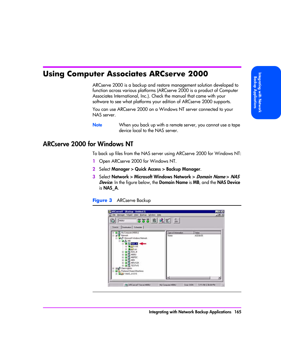 Using computer associates arcserve 2000, Arcserve 2000 for windows nt, Using computer associates arcserve 2000 165 | Arcserve 2000 for windows nt 165 | HP StorageWorks 8000 NAS User Manual | Page 167 / 240