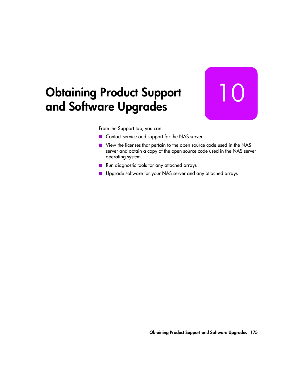 Obtaining product support and software upgrades, Obtaining product support and software, Upgrades 175 | 10, obtaining product, Support and software, Upgrades, Ter 10, Obtaining product support and, Software upgrades), Support and software upgrades) | HP StorageWorks 8000 NAS User Manual | Page 177 / 240