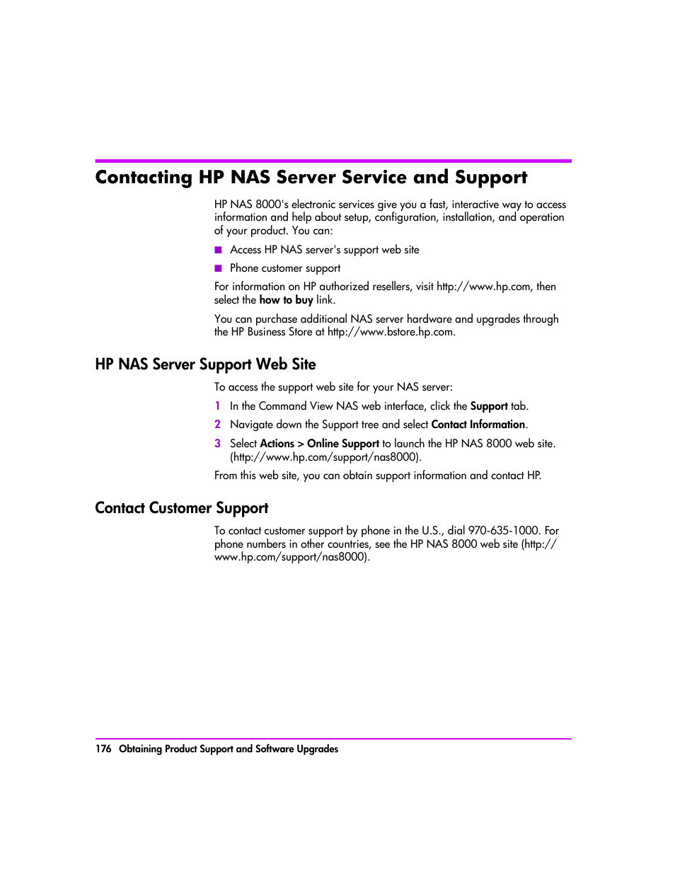 Contacting hp nas server service and support, Hp nas server support web site, Contact customer support | Contacting hp nas server service and support 176 | HP StorageWorks 8000 NAS User Manual | Page 178 / 240