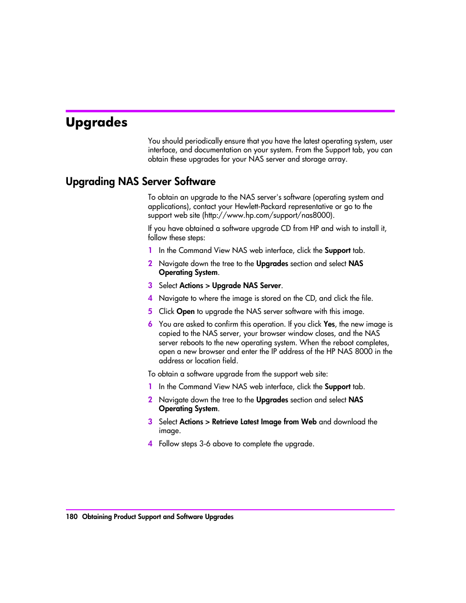 Upgrades, Upgrading nas server software, Upgrades 180 | Upgrading nas server software 180 | HP StorageWorks 8000 NAS User Manual | Page 182 / 240