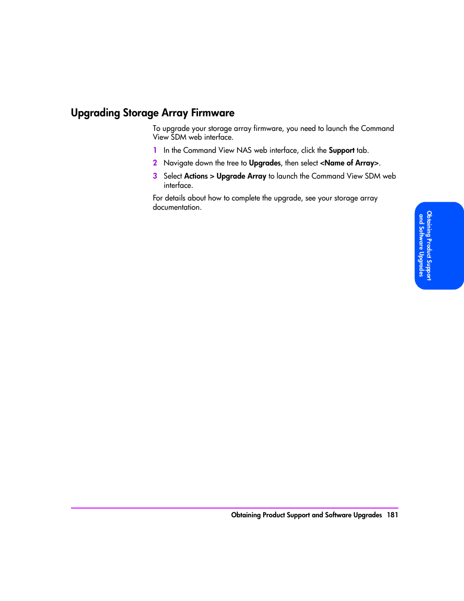 Upgrading storage array firmware, Upgrading storage array firmware 181 | HP StorageWorks 8000 NAS User Manual | Page 183 / 240