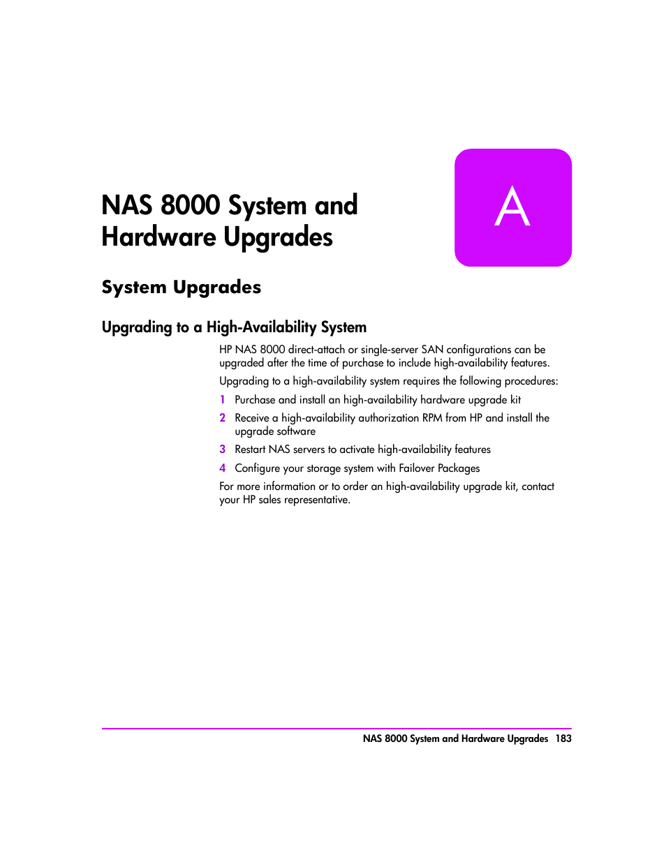 Nas 8000 system and hardware upgrades, System upgrades, Upgrading to a high-availability system | Nas 8000 system and hardware upgrades 183, System upgrades 183, Upgrading to a high-availability system 183 | HP StorageWorks 8000 NAS User Manual | Page 185 / 240