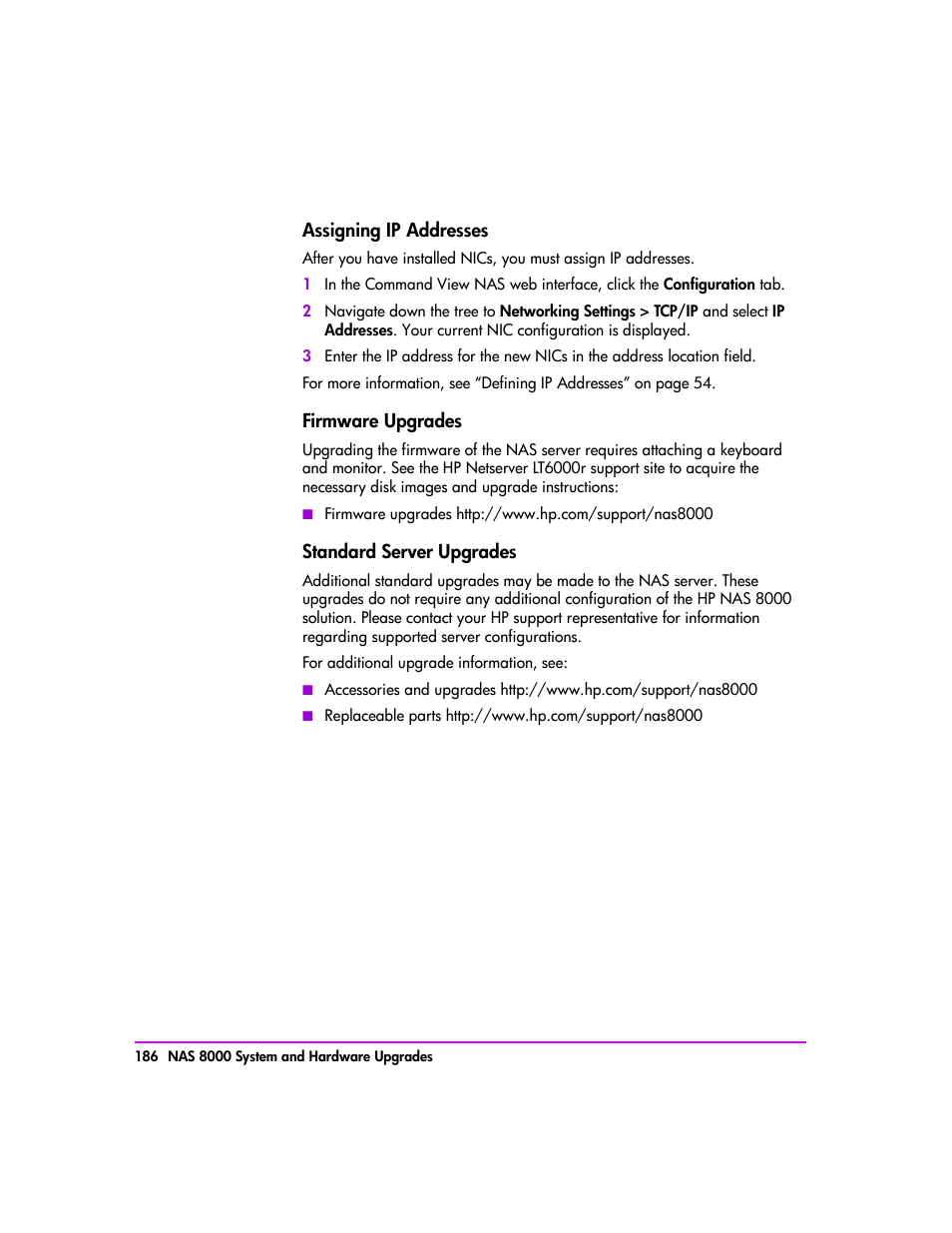 Assigning ip addresses 186, Firmware upgrades 186, Standard server upgrades 186 | HP StorageWorks 8000 NAS User Manual | Page 188 / 240