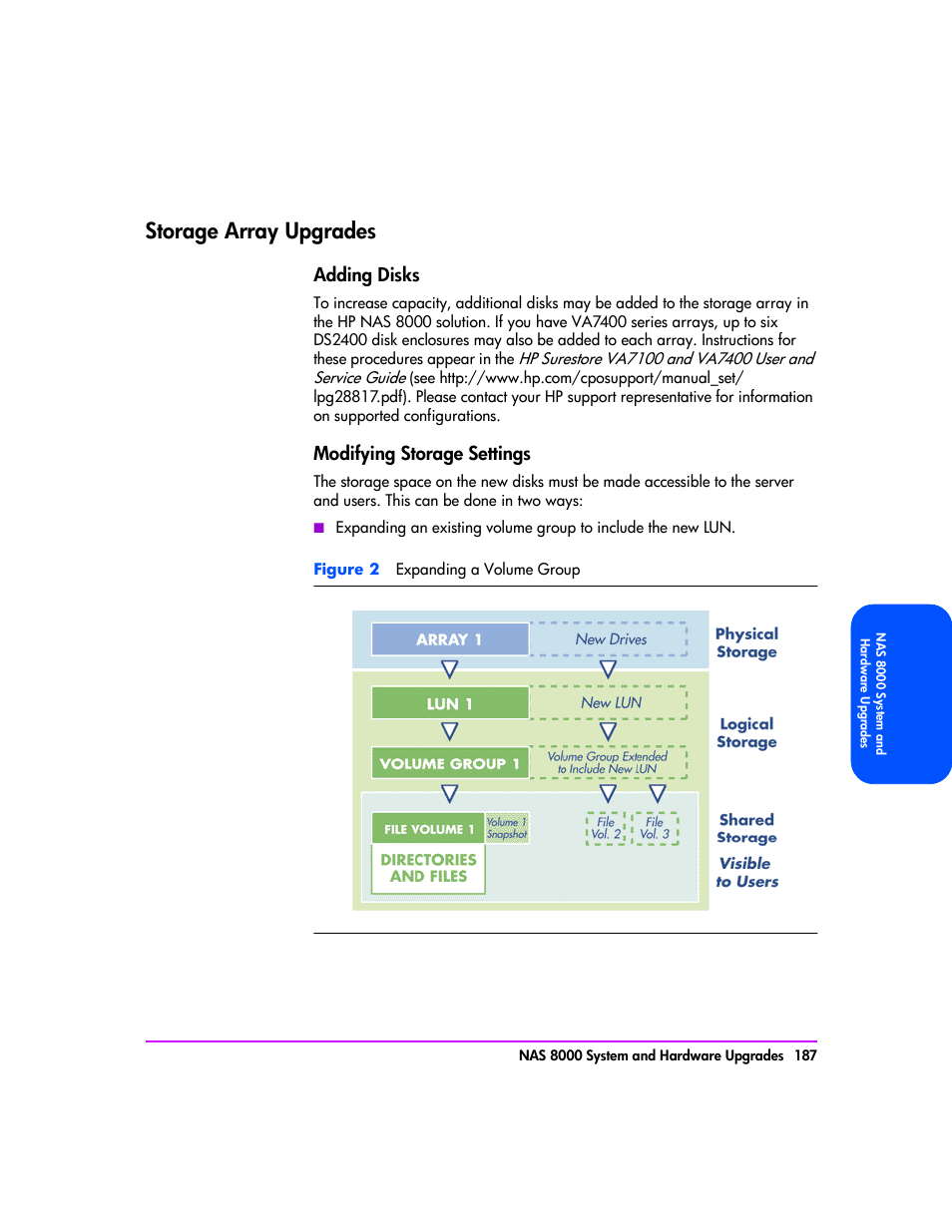 Storage array upgrades, Storage array upgrades 187, Adding disks 187 | Modifying storage settings 187, Adding disks, Modifying storage settings | HP StorageWorks 8000 NAS User Manual | Page 189 / 240