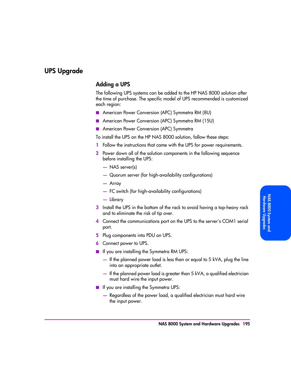 Ups upgrade, Ups upgrade 195, Adding a ups 195 | HP StorageWorks 8000 NAS User Manual | Page 197 / 240