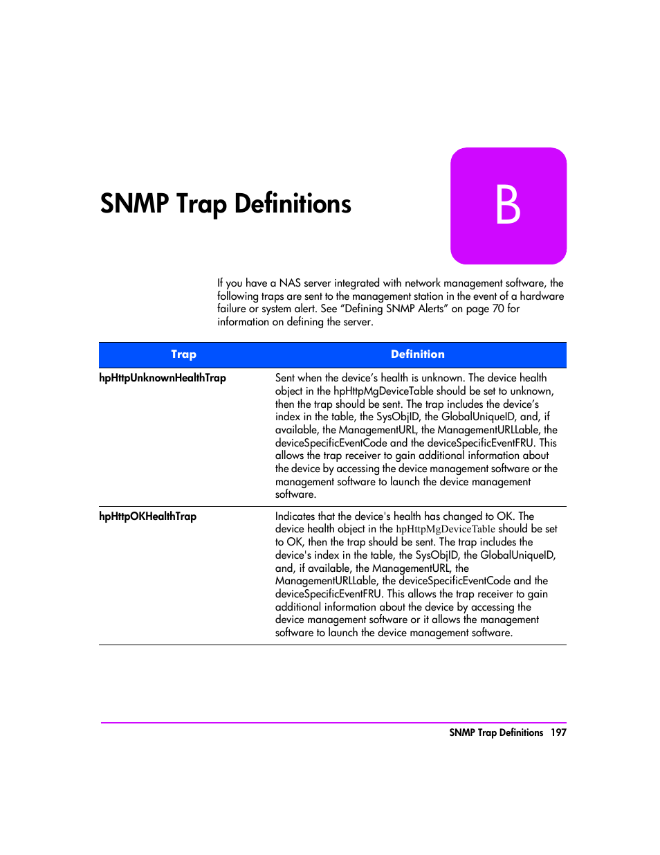 Snmp trap definitions, Snmp trap definitions 197 | HP StorageWorks 8000 NAS User Manual | Page 199 / 240