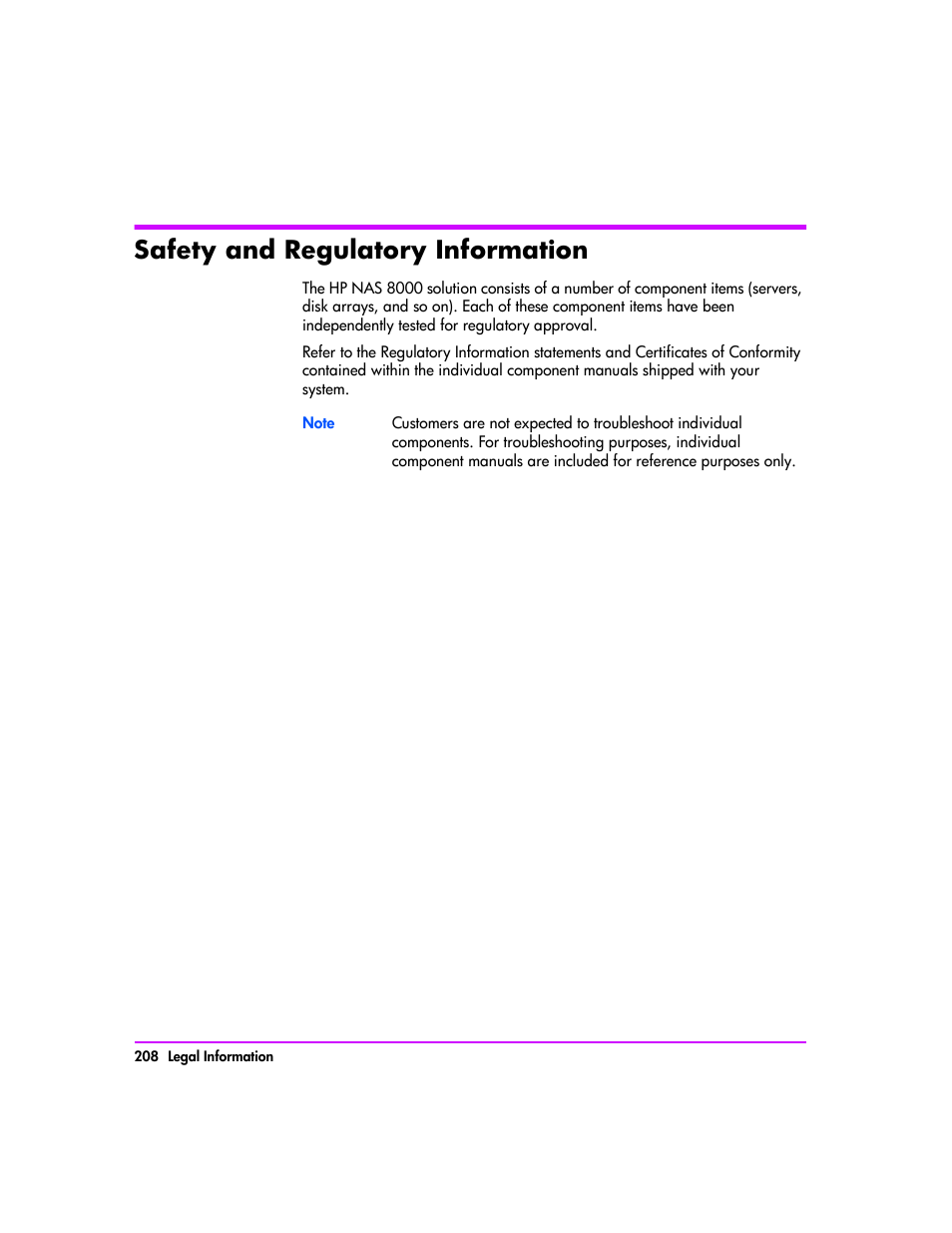 Safety and regulatory information, Safety and regulatory information 208 | HP StorageWorks 8000 NAS User Manual | Page 210 / 240