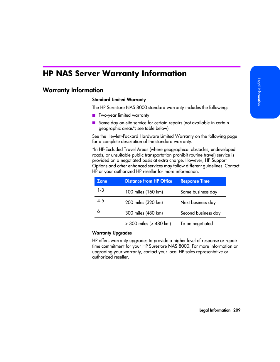 Hp nas server warranty information, Warranty information, Hp nas server warranty information 209 | Warranty information 209 | HP StorageWorks 8000 NAS User Manual | Page 211 / 240