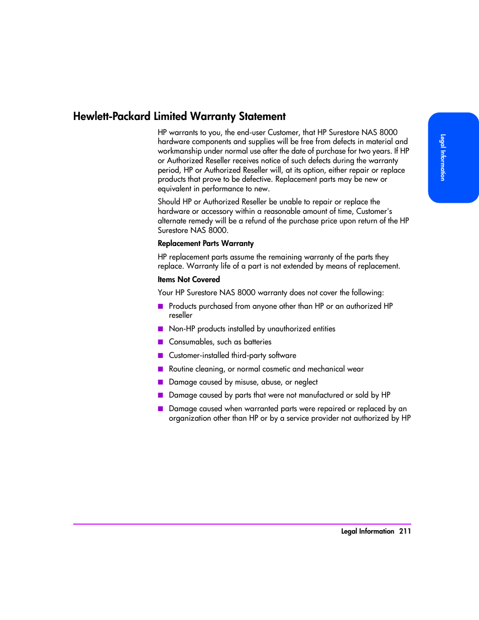 Hewlett-packard limited warranty statement, Hewlett-packard limited warranty statement 211 | HP StorageWorks 8000 NAS User Manual | Page 213 / 240