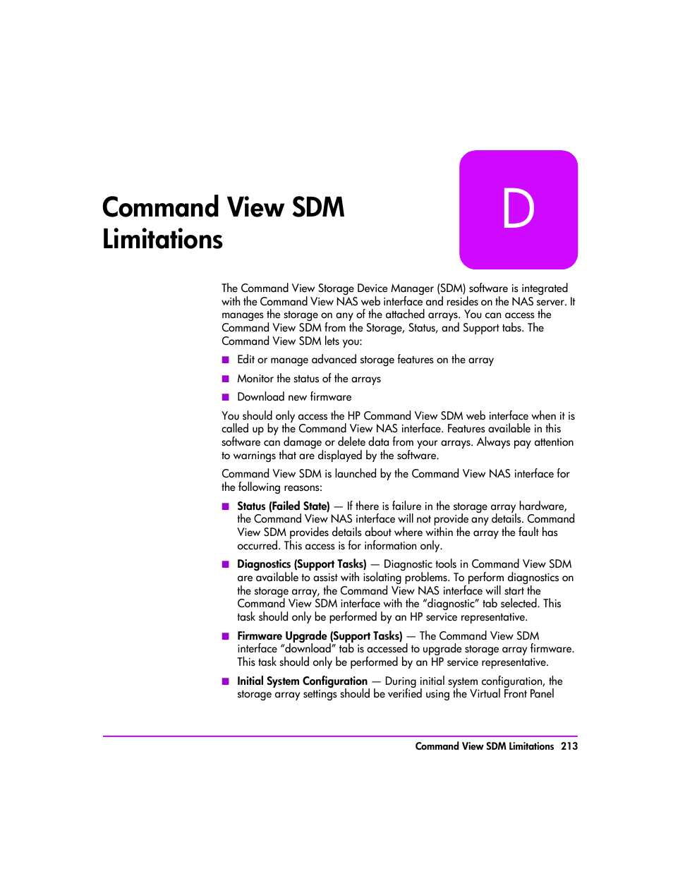 Command view sdm limitations, Command view sdm limitations 213 | HP StorageWorks 8000 NAS User Manual | Page 215 / 240