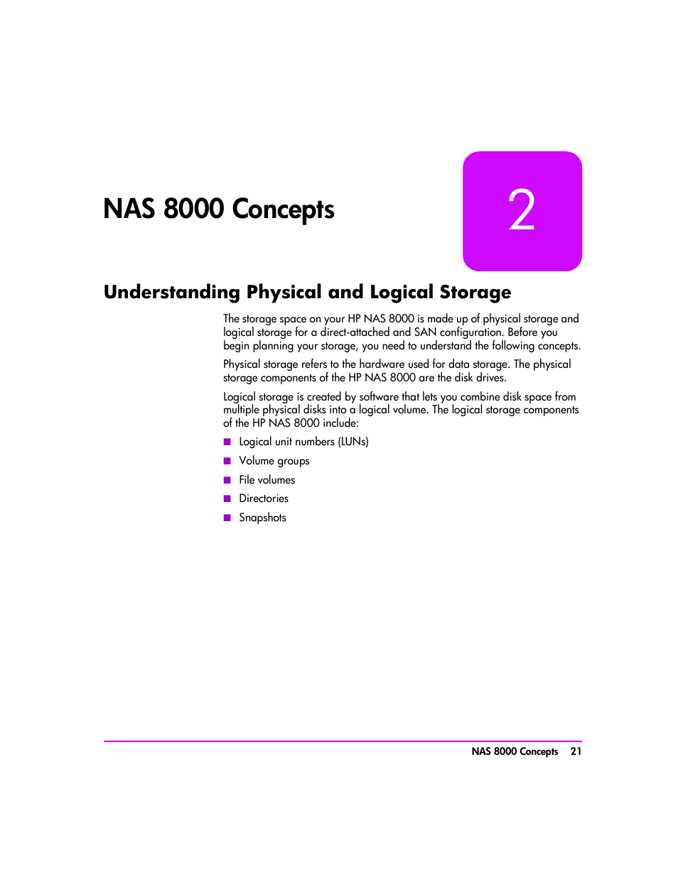 Nas 8000 concepts, Understanding physical and logical storage, Nas 8000 concepts 21 | Understanding physical and logical storage 21 | HP StorageWorks 8000 NAS User Manual | Page 23 / 240