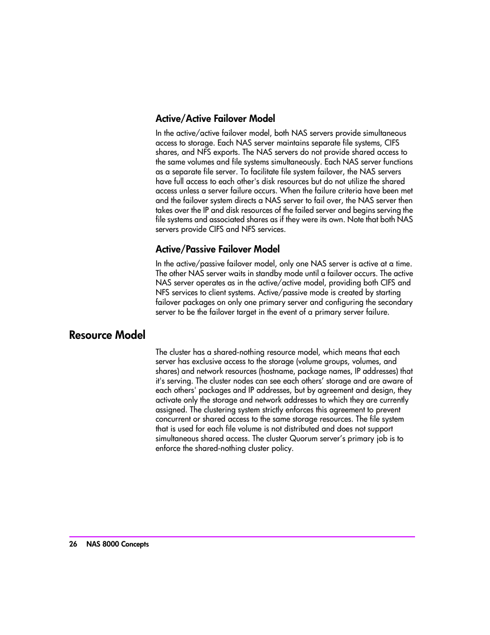 Resource model, Active/active failover model 26, Active/passive failover model 26 | Resource model 26 | HP StorageWorks 8000 NAS User Manual | Page 28 / 240