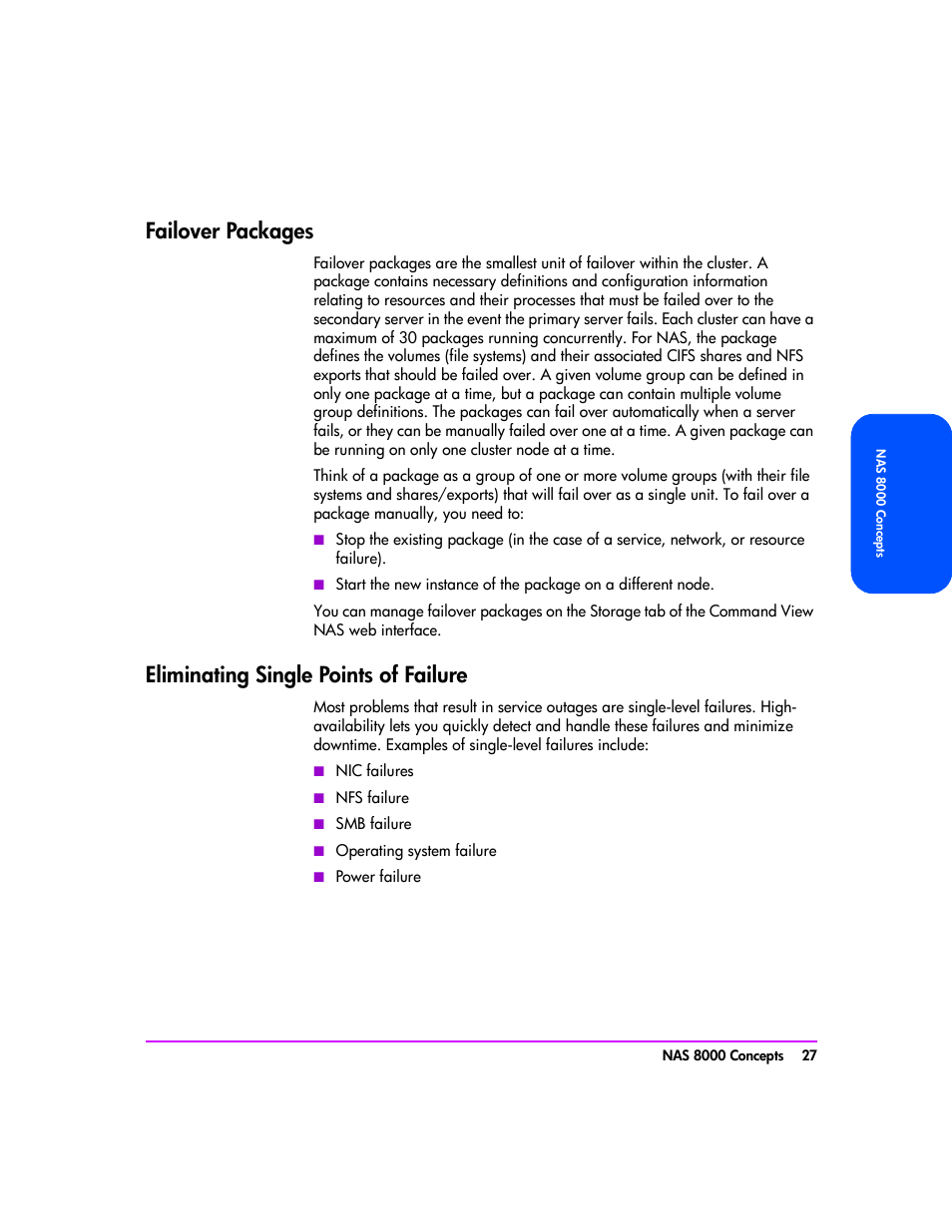 Failover packages, Eliminating single points of failure | HP StorageWorks 8000 NAS User Manual | Page 29 / 240