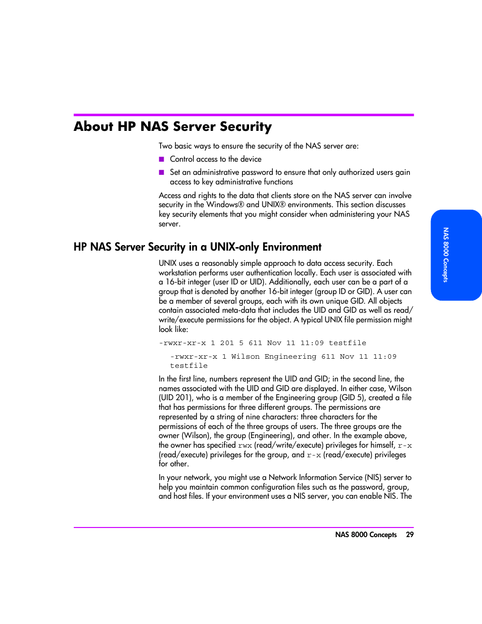 About hp nas server security, Hp nas server security in a unix-only environment, About hp nas server security 29 | HP StorageWorks 8000 NAS User Manual | Page 31 / 240