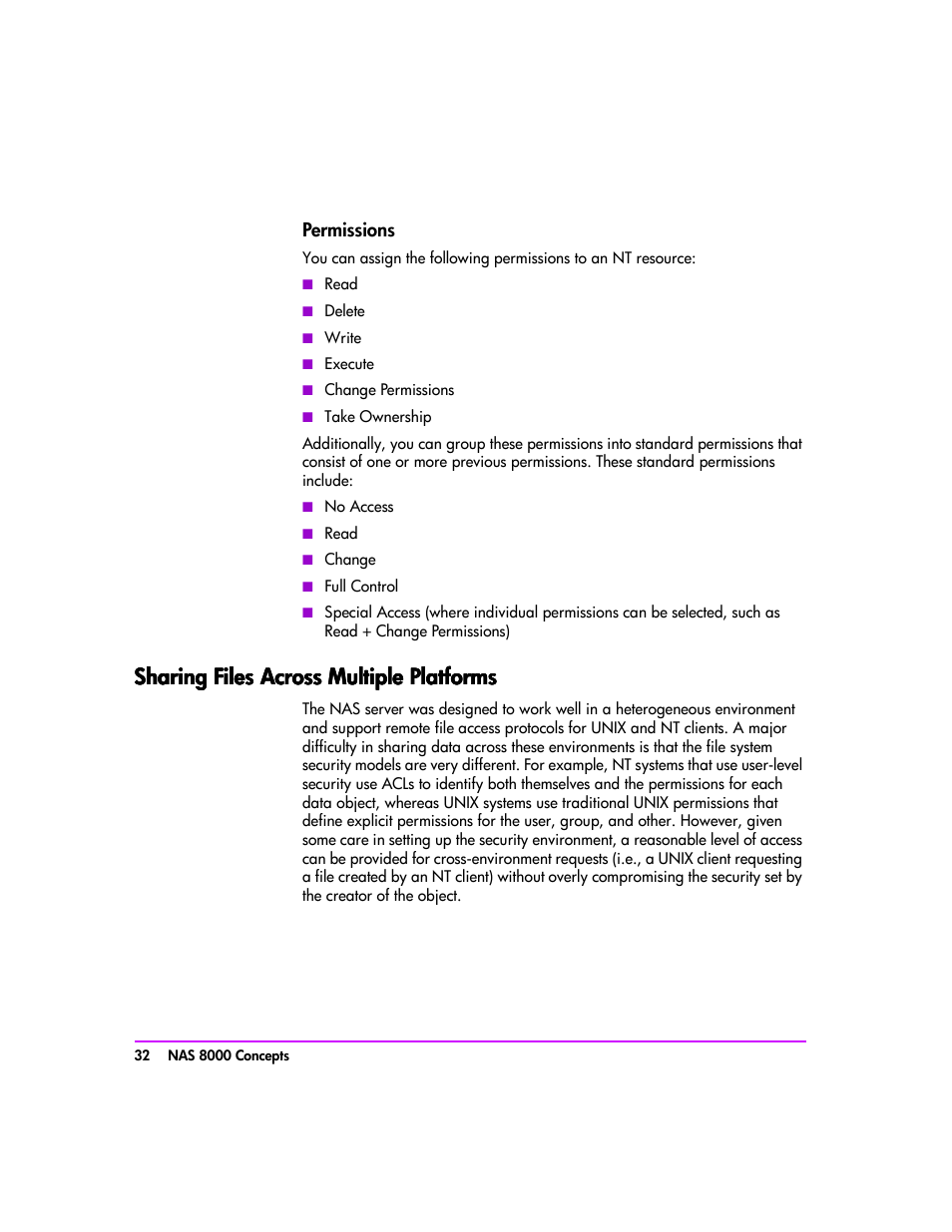 Sharing files across multiple platforms, Permissions 32, Sharing files across multiple platforms 32 | HP StorageWorks 8000 NAS User Manual | Page 34 / 240