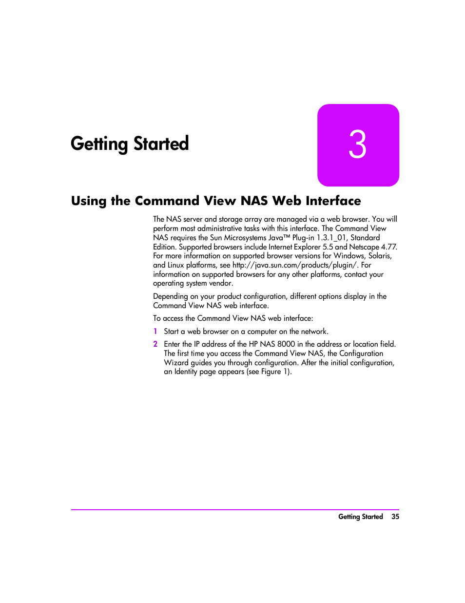 Getting started, Using the command view nas web interface, Getting started 35 | Using the command view nas web interface 35, R 3, getting started | HP StorageWorks 8000 NAS User Manual | Page 37 / 240
