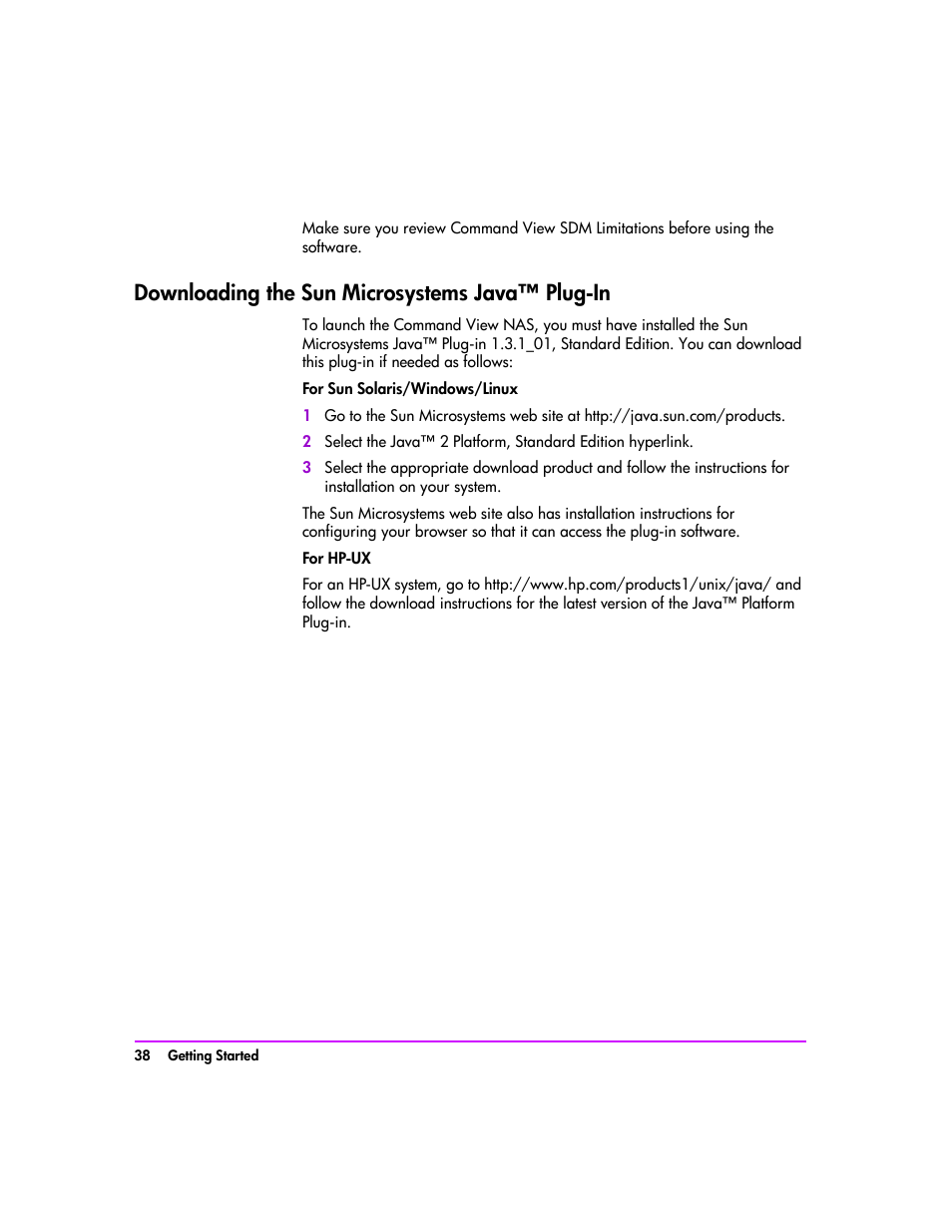 Downloading the sun microsystems java™ plug-in, Downloading the sun microsystems java™ plug-in 38 | HP StorageWorks 8000 NAS User Manual | Page 40 / 240