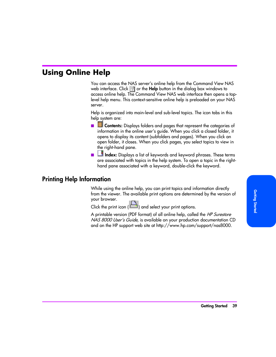 Using online help, Printing help information, Using online help 39 | Printing help information 39 | HP StorageWorks 8000 NAS User Manual | Page 41 / 240