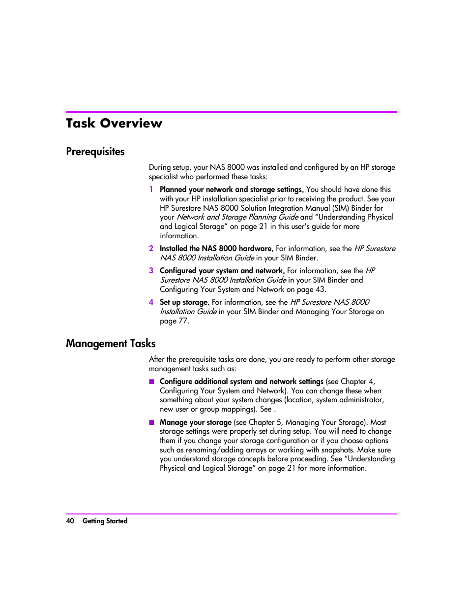 Task overview, Prerequisites, Management tasks | Task overview 40, Prerequisites 40 management tasks 40 | HP StorageWorks 8000 NAS User Manual | Page 42 / 240