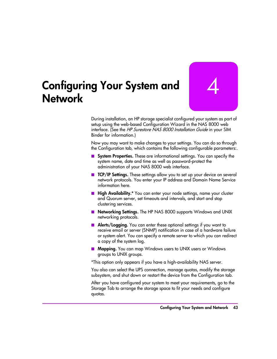 Configuring your system and network, Configuring your system and network 43, R 4, configuring your | System and network, Configuring your system and network) | HP StorageWorks 8000 NAS User Manual | Page 45 / 240