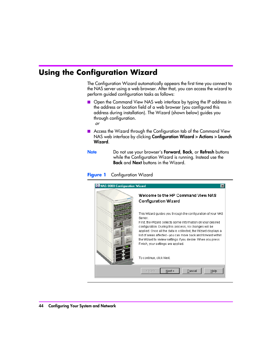 Using the configuration wizard, Using the configuration wizard 44 | HP StorageWorks 8000 NAS User Manual | Page 46 / 240