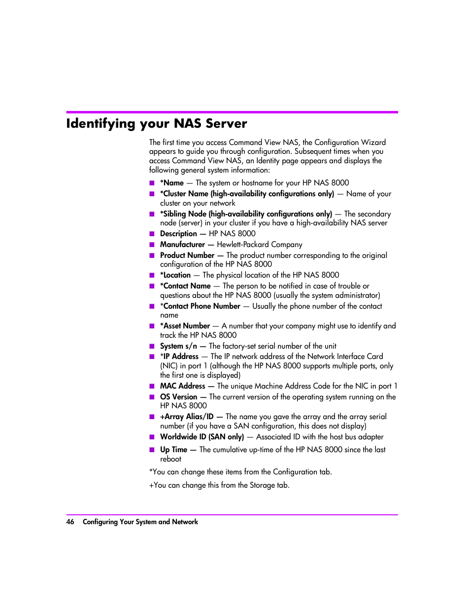 Identifying your nas server, Identifying your nas server 46 | HP StorageWorks 8000 NAS User Manual | Page 48 / 240