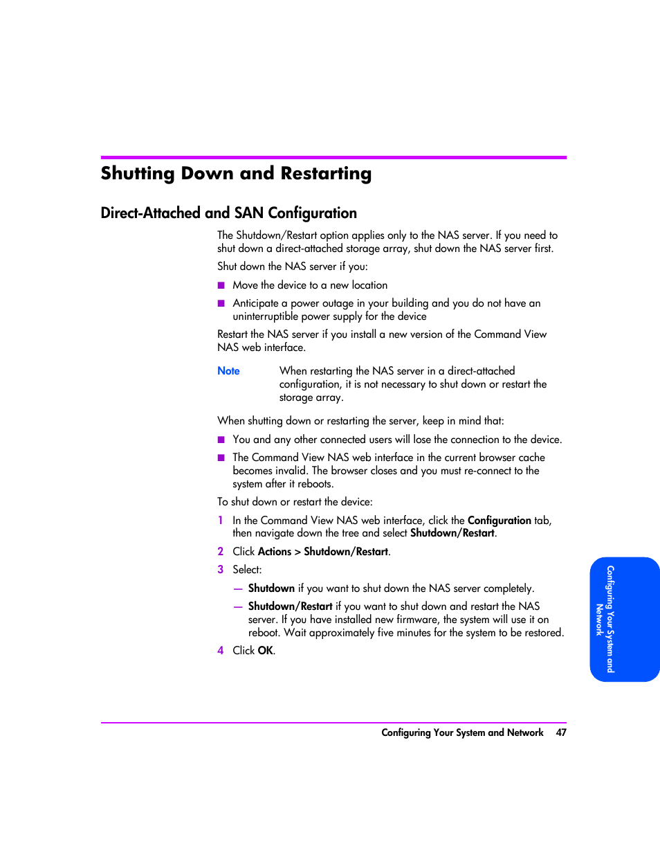 Shutting down and restarting, Direct-attached and san configuration, Shutting down and restarting 47 | Direct-attached and san configuration 47 | HP StorageWorks 8000 NAS User Manual | Page 49 / 240