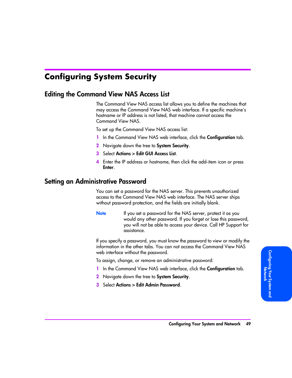 Configuring system security, Editing the command view nas access list, Setting an administrative password | Configuring system security 49 | HP StorageWorks 8000 NAS User Manual | Page 51 / 240