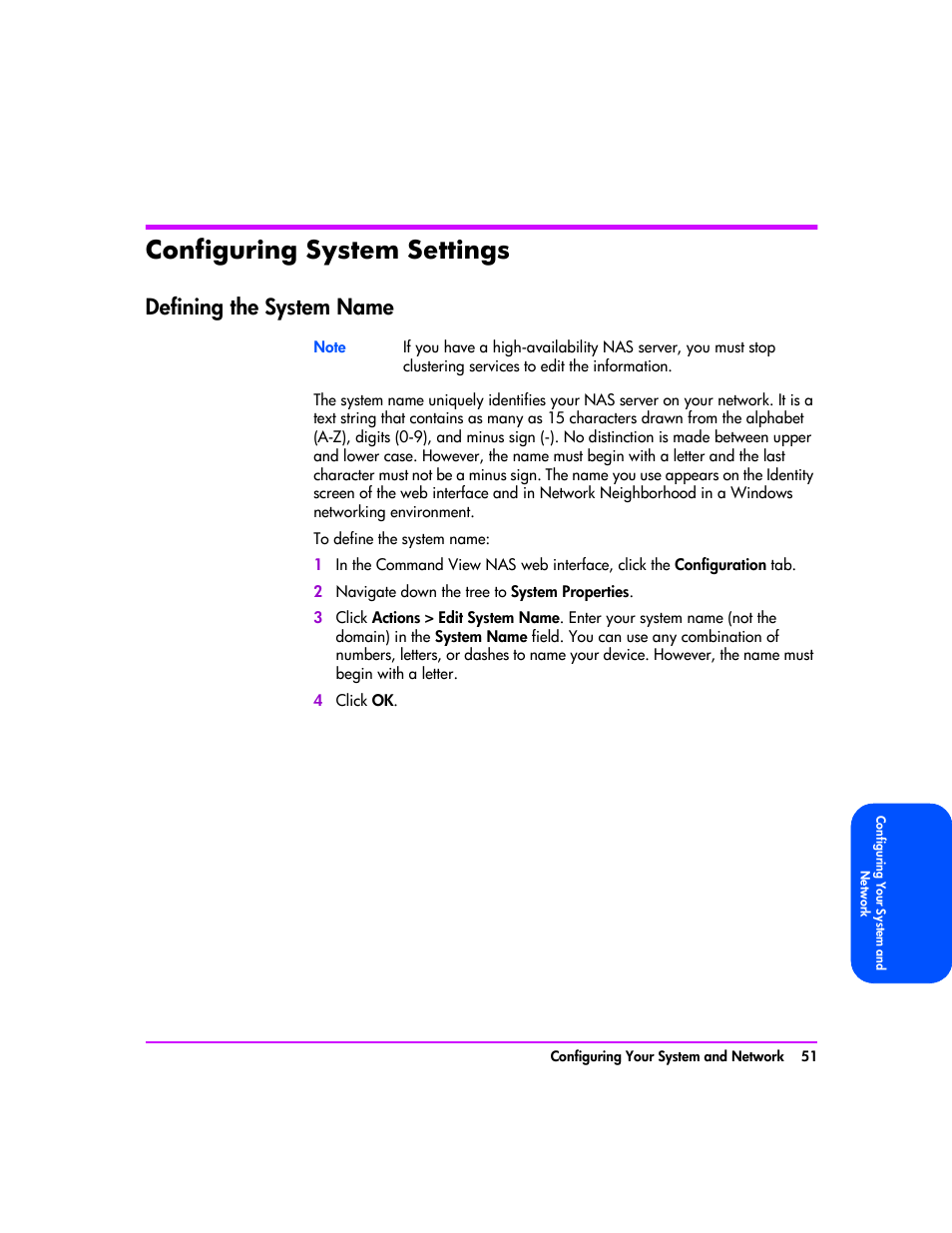 Configuring system settings, Defining the system name, Configuring system settings 51 | Defining the system name 51 | HP StorageWorks 8000 NAS User Manual | Page 53 / 240