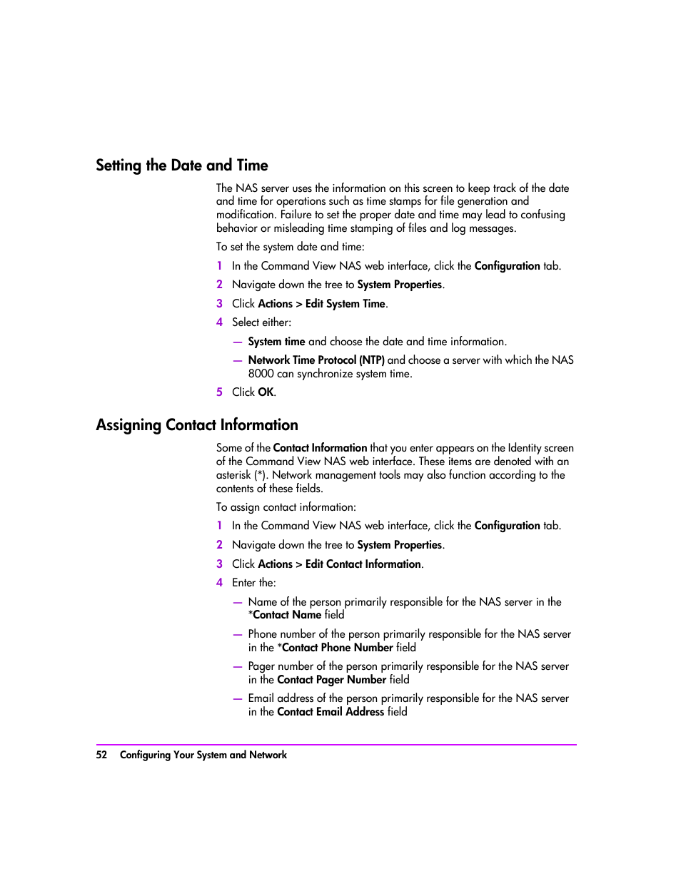 Setting the date and time, Assigning contact information | HP StorageWorks 8000 NAS User Manual | Page 54 / 240