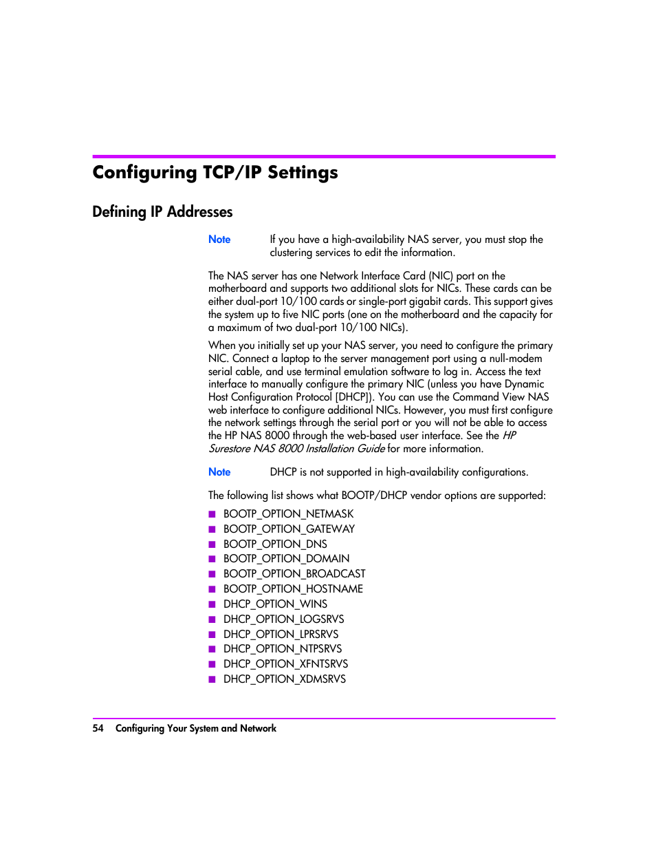Configuring tcp/ip settings, Defining ip addresses, Configuring tcp/ip settings 54 | Defining ip addresses 54 | HP StorageWorks 8000 NAS User Manual | Page 56 / 240