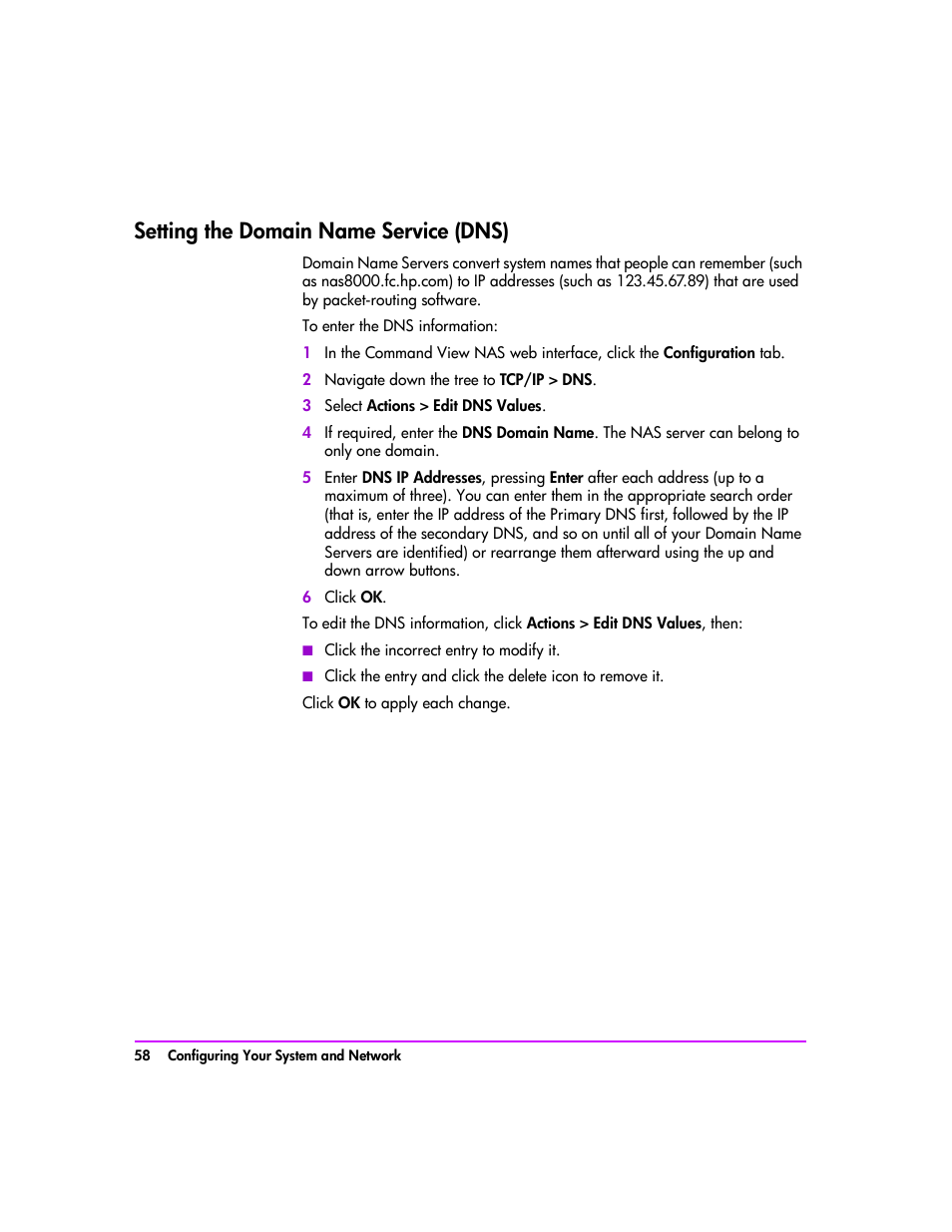 Setting the domain name service (dns), Setting the domain name service (dns) 58 | HP StorageWorks 8000 NAS User Manual | Page 60 / 240