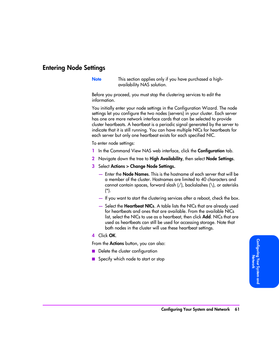 Entering node settings, Entering node settings 61, Entering node settings” on | HP StorageWorks 8000 NAS User Manual | Page 63 / 240