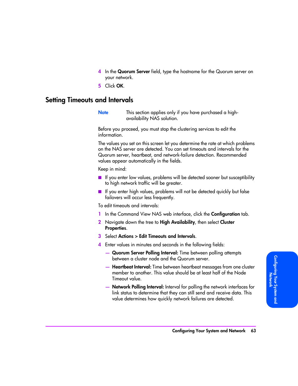 Setting timeouts and intervals, Setting timeouts and intervals 63 | HP StorageWorks 8000 NAS User Manual | Page 65 / 240