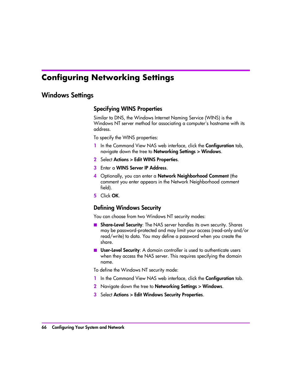 Configuring networking settings, Windows settings, Configuring networking settings 66 | Windows settings 66, Specifying wins properties 66, Defining windows security 66 | HP StorageWorks 8000 NAS User Manual | Page 68 / 240