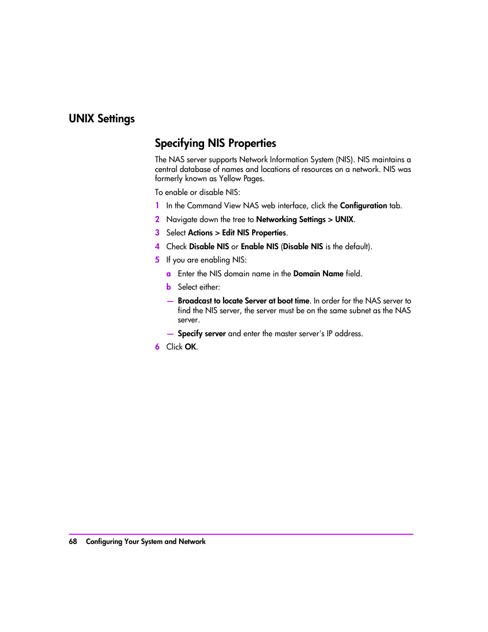 Unix settings, Unix settings 68, Specifying nis properties 68 | Unix settings specifying nis properties | HP StorageWorks 8000 NAS User Manual | Page 70 / 240