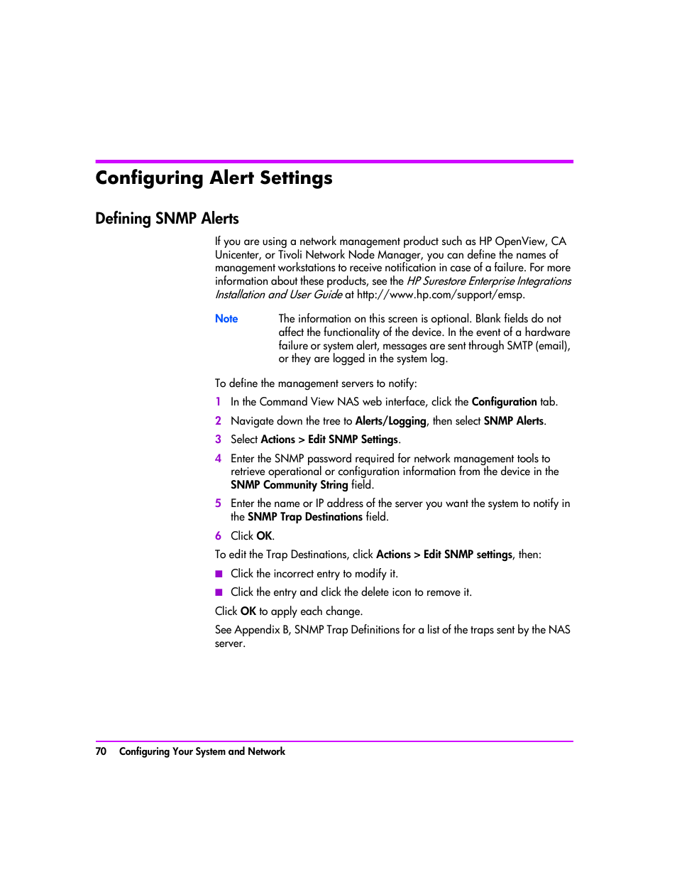 Configuring alert settings, Defining snmp alerts, Configuring alert settings 70 | Defining snmp alerts 70 | HP StorageWorks 8000 NAS User Manual | Page 72 / 240