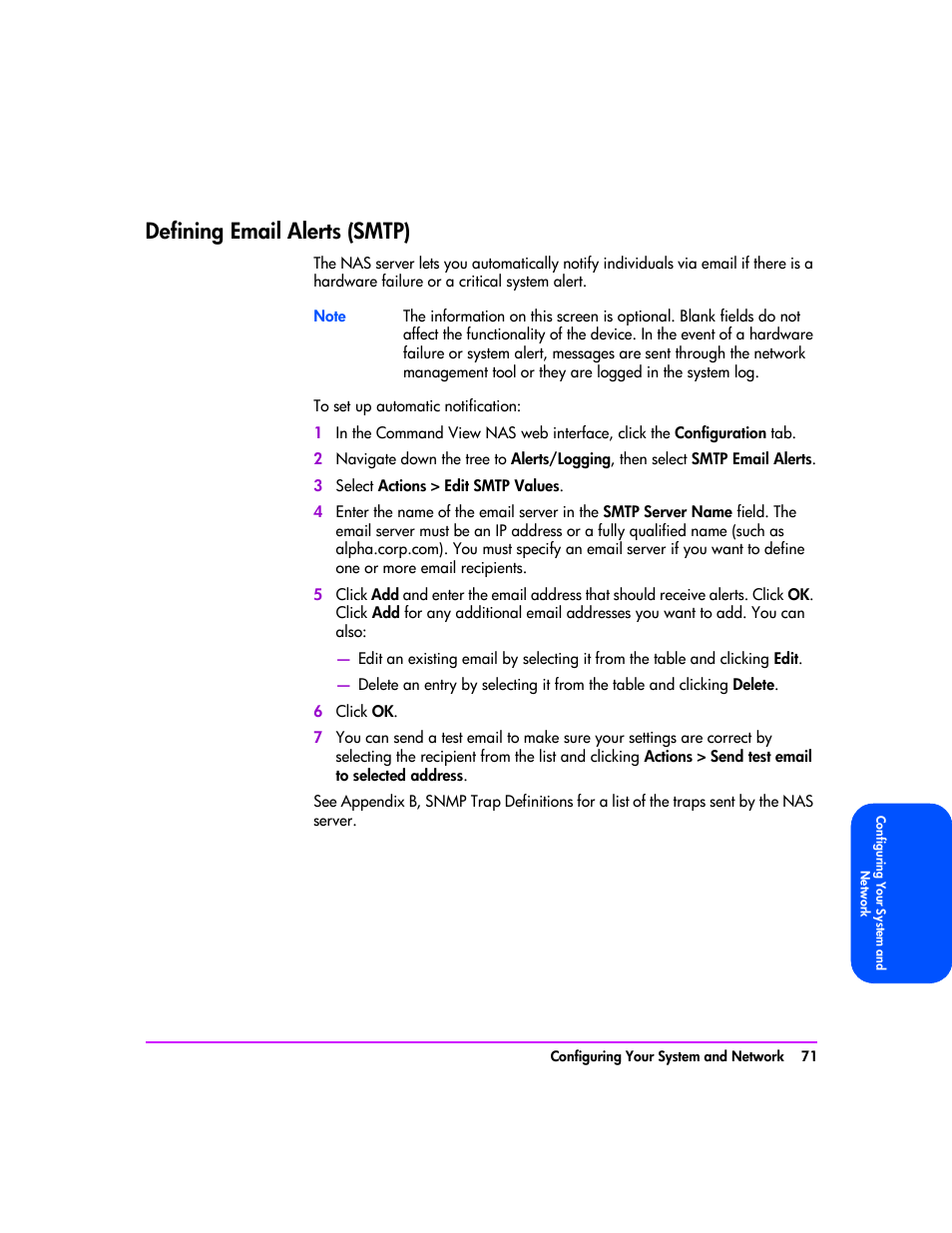 Defining email alerts (smtp), Defining email alerts (smtp) 71 | HP StorageWorks 8000 NAS User Manual | Page 73 / 240