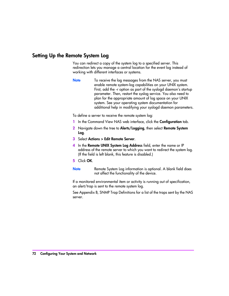 Setting up the remote system log, Setting up the remote system log 72 | HP StorageWorks 8000 NAS User Manual | Page 74 / 240