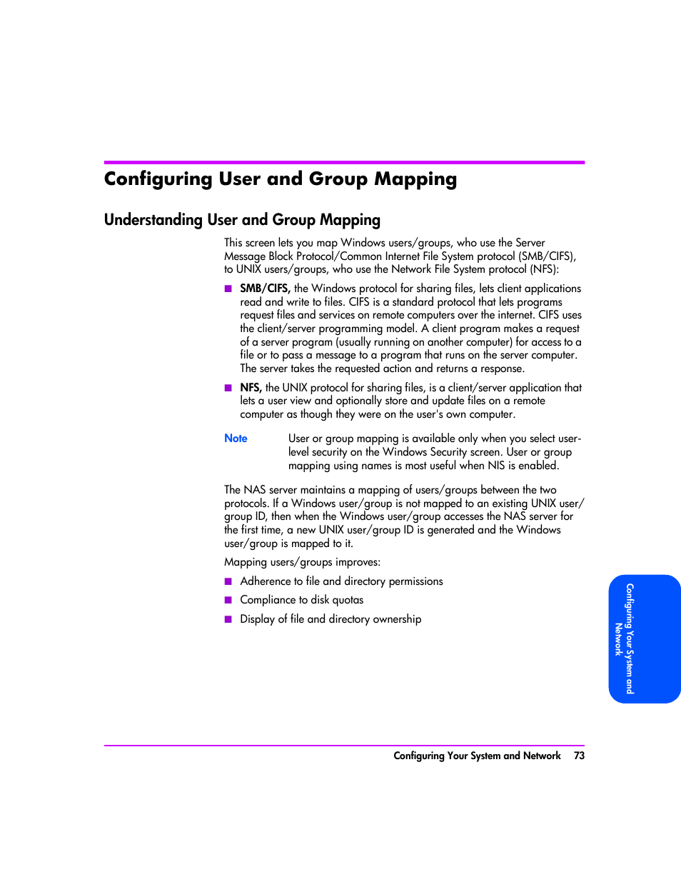 Configuring user and group mapping, Understanding user and group mapping, Configuring user and group mapping 73 | Understanding user and group mapping 73 | HP StorageWorks 8000 NAS User Manual | Page 75 / 240