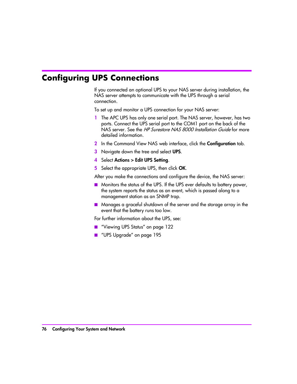 Configuring ups connections, Configuring ups connections 76 | HP StorageWorks 8000 NAS User Manual | Page 78 / 240