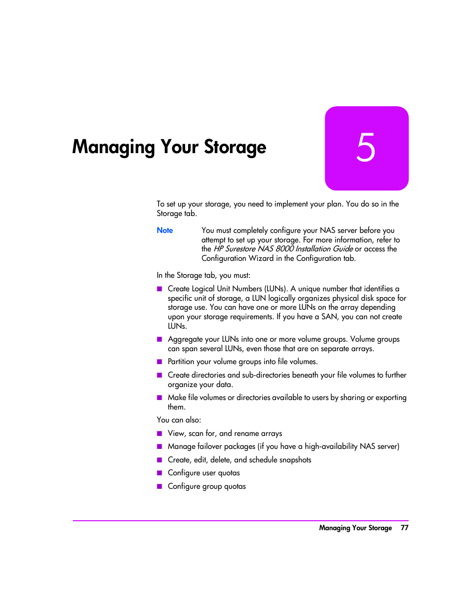 Managing your storage, Managing your storage 77, R 5, managing your | Storage, D managing your storage o, 5, managing your storage) | HP StorageWorks 8000 NAS User Manual | Page 79 / 240
