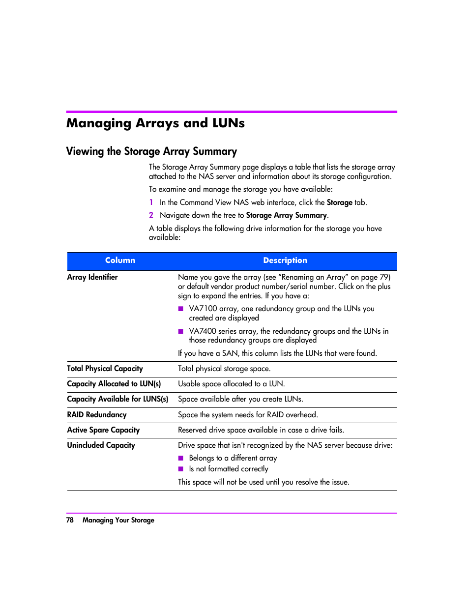 Managing arrays and luns, Viewing the storage array summary, Managing arrays and luns 78 | Viewing the storage array summary 78 | HP StorageWorks 8000 NAS User Manual | Page 80 / 240