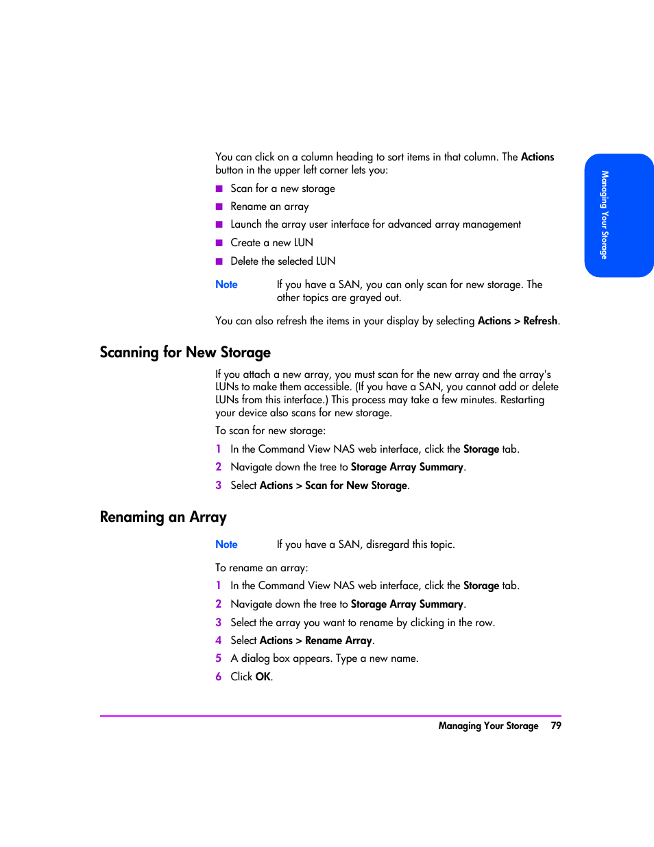 Scanning for new storage, Renaming an array, Scanning for new storage 79 renaming an array 79 | HP StorageWorks 8000 NAS User Manual | Page 81 / 240