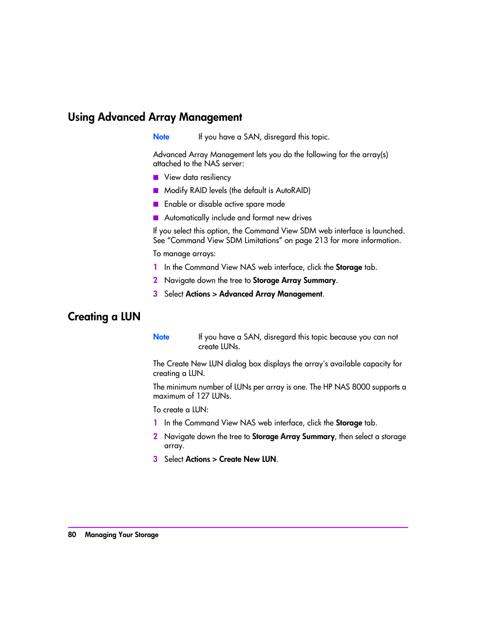 Using advanced array management, Creating a lun | HP StorageWorks 8000 NAS User Manual | Page 82 / 240