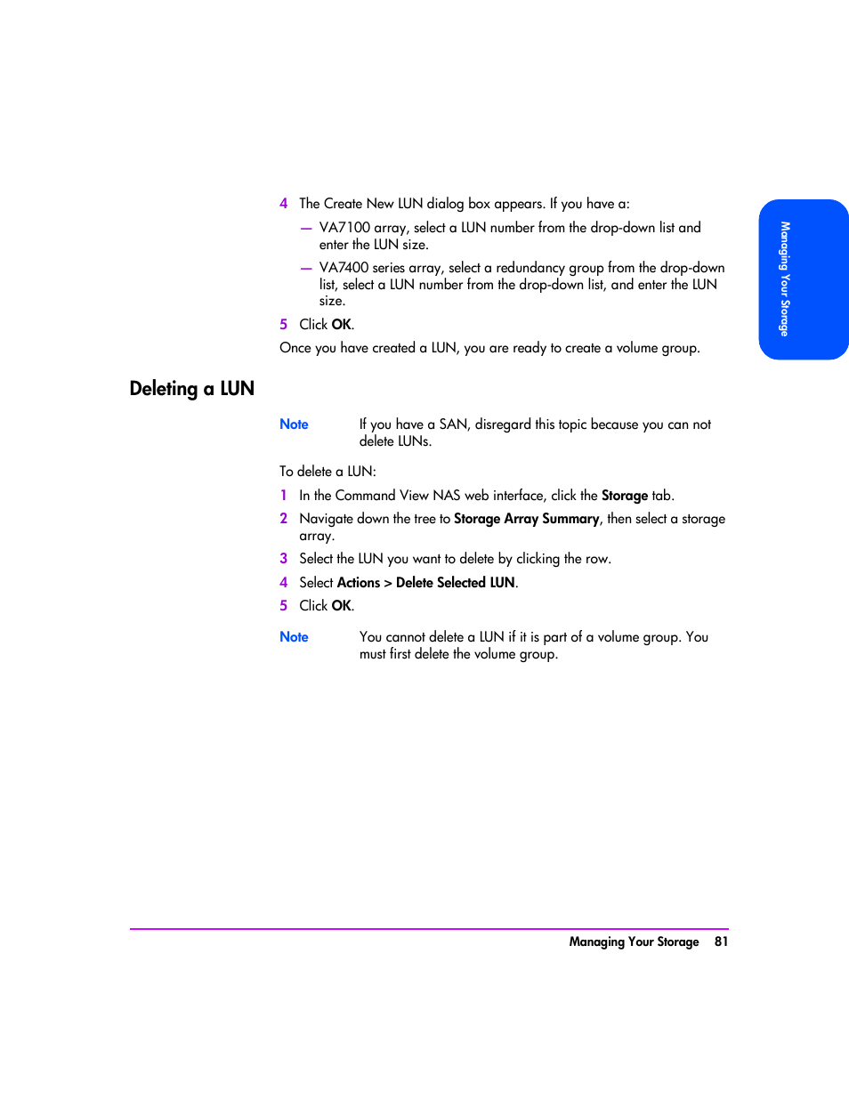 Deleting a lun, Deleting a lun 81 | HP StorageWorks 8000 NAS User Manual | Page 83 / 240